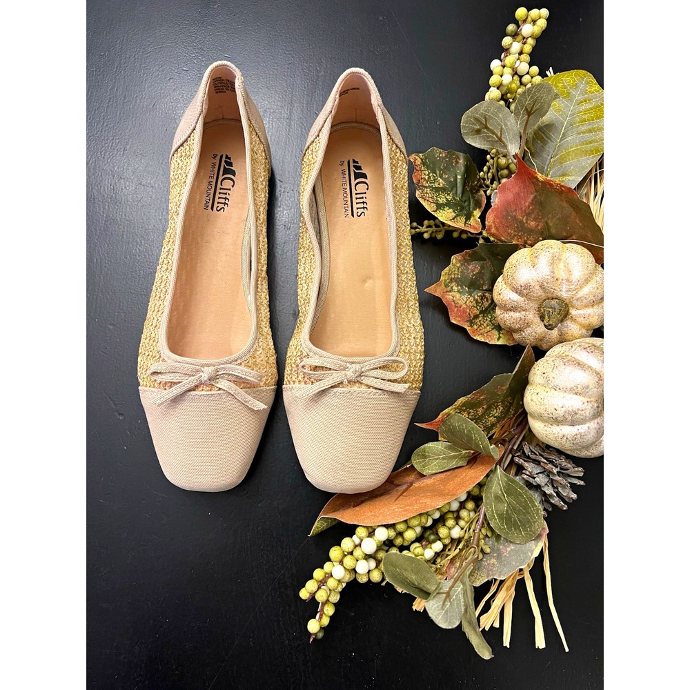 Cliffs by White Mountain Tan Boco Bow Slip On Square Toe Ballet Flats  Sz 9.5 W